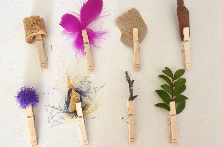 Clothespins with different items attached for painting with