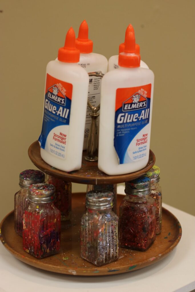 cupcake rack for displaying and storing glue and glitter